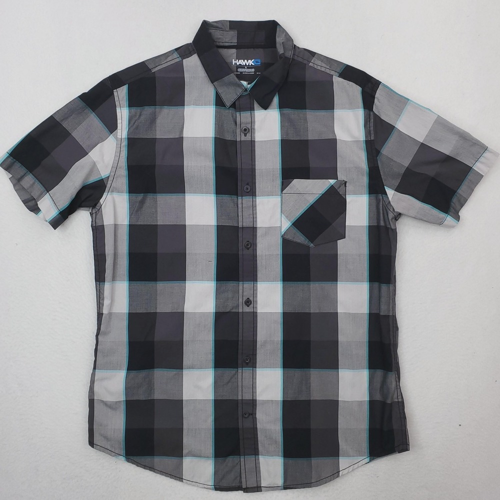 Tony Hawk Shirt Mens Large Gray Plaid Short Sleeve Button Up Casual Skate